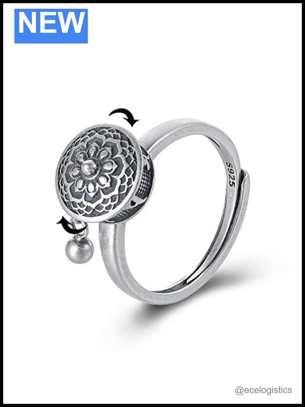 925 Sterling Silver Lotus Prayer Wheel Spinner Ring Adjustable